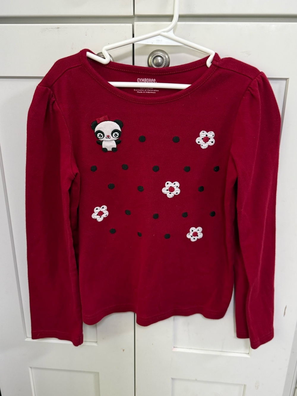 Gymboree Deep Red Long-Sleeve Tee with Panda & Floral Appliques